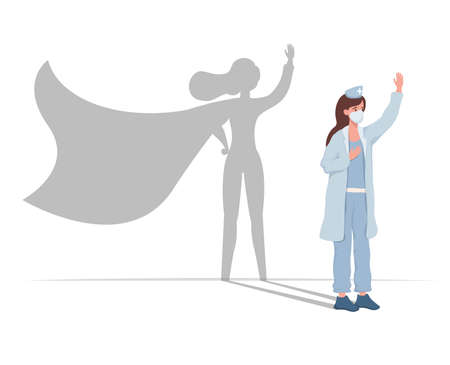 Young female doctor in uniform with superhero shadow vector flat cartoon illustration.のイラスト素材