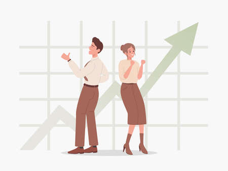 Man and woman standing on the background of rising graph vector flat illustration. People happy about success.のイラスト素材