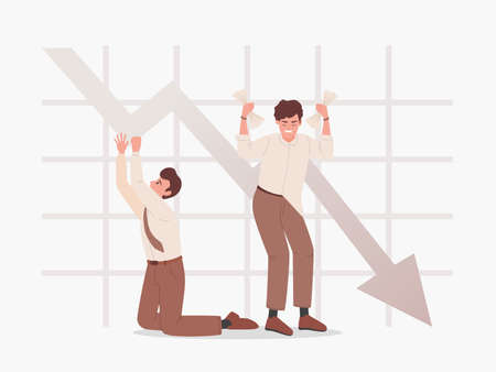 Sad men on the background of falling graph vector flat illustration. Bankruptcy, business problems.のイラスト素材