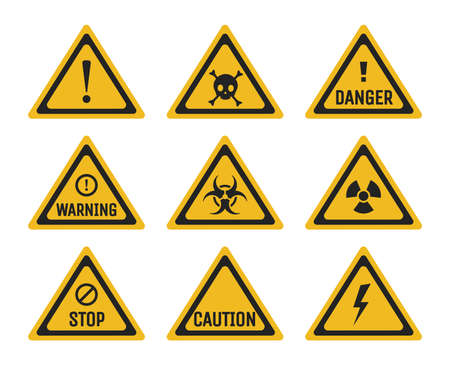 Set of prohibition and warning signs vector flat illustration. Danger, stop, and caution pictograms.のイラスト素材