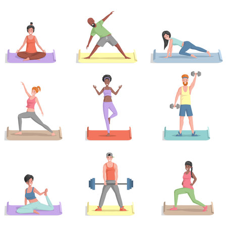 Set of people training vector flat illustration. Men and women in sports clothes doing exercises.のイラスト素材