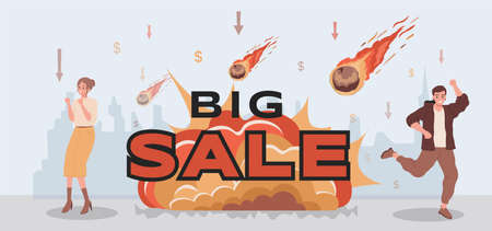 Big sale vector flat banner design. People celebrating sales. Large burning meteorites falling on prices.のイラスト素材