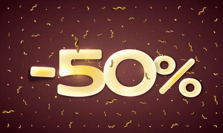 Minus 50 percent sale vector flat banner concept on dark background with golden ribbons.のイラスト素材