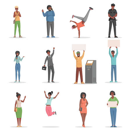 Set of different people jumping, holding placards, talking phone vector flat illustration.のイラスト素材