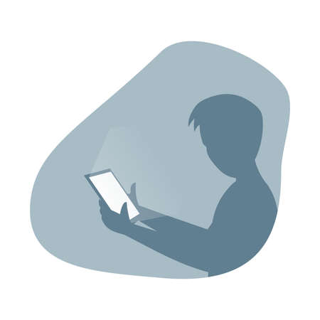 Man silhouette holding tablet pc in hand vector flat illustration. Male character using personal laptop.のイラスト素材