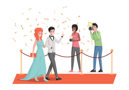 Happy smiling celebrities couple walking on red carpet and waving hands vector flat illustration.のイラスト素材