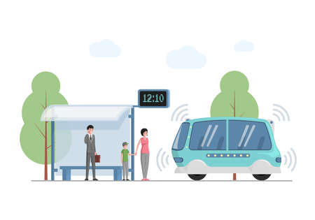 Future public express transport in city vector flat illustration. People at bus station waiting for modern self driving bus.のイラスト素材