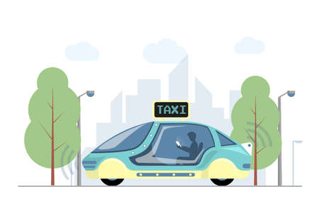 Future express taxi in city vector flat illustration. Futuristic high speed automobile on background of modern town.のイラスト素材