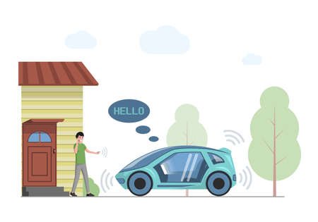 Future personal transport vector flat illustration. Smiling man talking phone and going to smart car.のイラスト素材