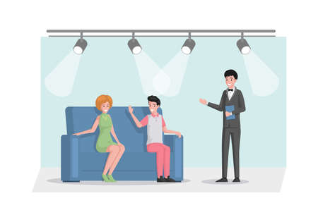 Smiling TV host in suit interviewing celebrity persons in studio vector flat illustration.のイラスト素材