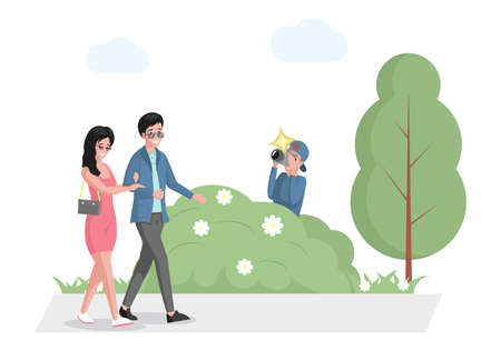 Celebrity couple walking in park, paparazzi hiding in bush with photo camera vector flat illustration.のイラスト素材