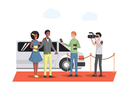 Famous couple in evening wears arriving at the red carpet on white limousine vector flat illustration.のイラスト素材