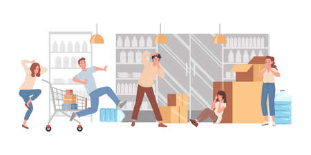 People panic in shop vector flat illustration. Frightened men and women crying, hiding, and running.のイラスト素材