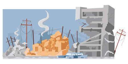 Destroyed city buildings after war or earthquake vector flat illustration. Abandoned and damaged broken constructions.のイラスト素材