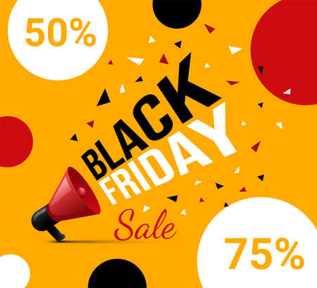 Bright and colorful Black Friday advertisement flyer design with text. Red loudspeaker promotes seasonal sale.のイラスト素材
