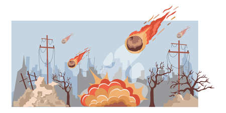 Large burning meteorites fall on the city vector flat illustration. Destroyed city buildings during natural disaster.のイラスト素材