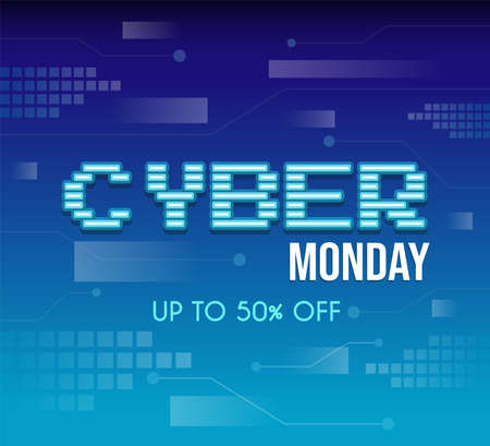 Cyber Monday tech vector poster design with text. Seasonal sale, up to 50 percent off advertisement offer.のイラスト素材