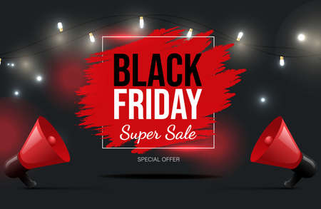 Black Friday vector banner design with text. Super seasonal sale poster neon concept, special offer.のイラスト素材
