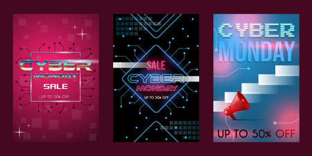 Set of three cyber Monday sale poster concept with text space. Discount banners, seasonal offer vector neon style.のイラスト素材