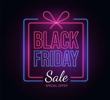 Modern neon Black Friday vector banner template with text. Special offer, seasonal sale advertisement poster design.のイラスト素材