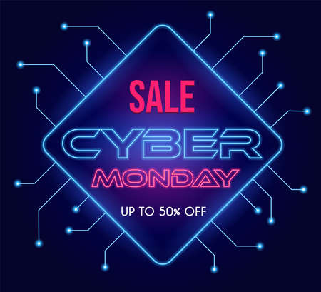 Cyber Monday modern tech vector poster design with text. Seasonal sale up to 50 percent off neon banner template.のイラスト素材