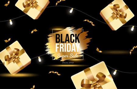 Black Friday bright banner design with golden gift boxes and lights. Super sale vector neon advertisement banner.のイラスト素材