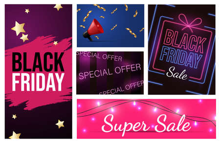 Set of different Black Friday advertising materials design. Special offer, seasonal sale vector neon banner concept.のイラスト素材