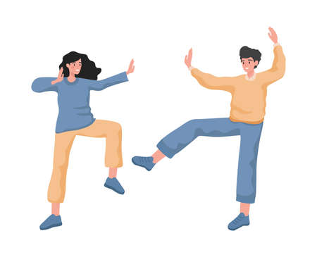 Happy smiling man and woman dancing, feeling positive emotions vector flat illustration.のイラスト素材