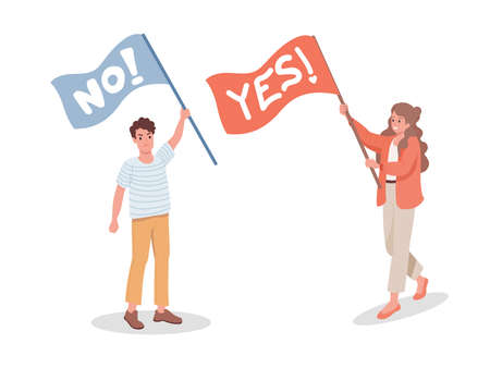 Man with No flag and woman with Yes flag vector flat illustration. Protesting man and supporting woman.のイラスト素材