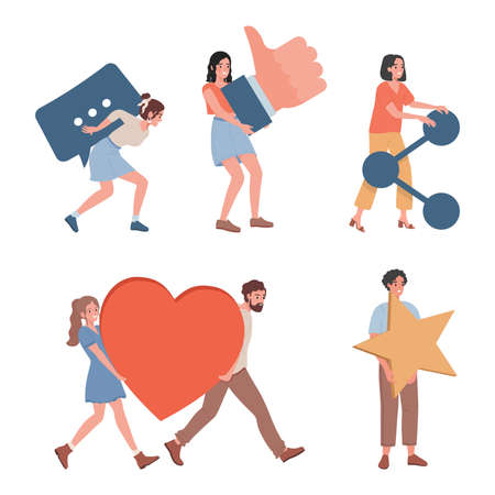 Happy smiling men and women bringing hearts, stars, likes, and sharing signs vector flat illustration.のイラスト素材