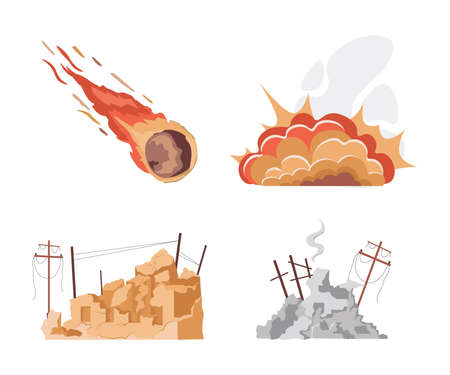 Set of natural disaster vector flat illustrations isolated on white background. World in collapse concept.のイラスト素材