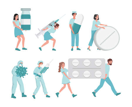 Medical workers bring tablets in blister, syringes, pills and medical flasks vector flat illustration.のイラスト素材