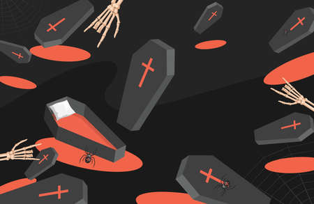 Trick or treat Halloween party backdrop. Coffins, spiders, and skeletons hands vector flat cartoon illustration.のイラスト素材
