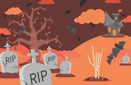 Halloween banner with gravestones, bats, scary castle, clouds, and skeleton hand vector flat cartoon illustration.のイラスト素材