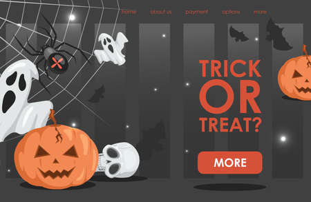Trick or treat vector flat cartoon landing page template with text. Halloween event banner design.のイラスト素材
