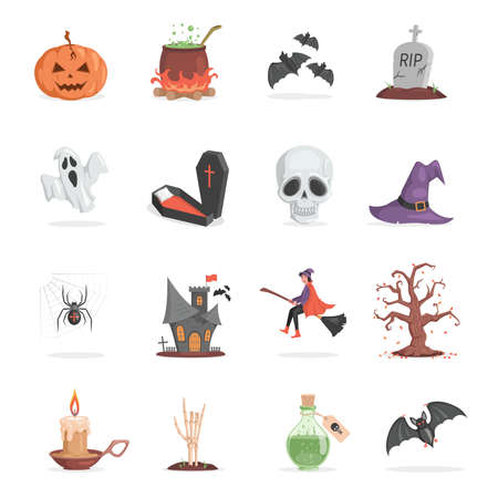 Set of Halloween party items. Scary and ugly pumpkin, pot with poison, bats, gravestone vector flat cartoon illustration.のイラスト素材