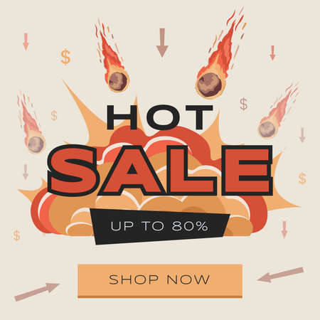 Bright and colorful Hot Sale advertisement flyer design with text. Large burning meteorites falling on prices.のイラスト素材