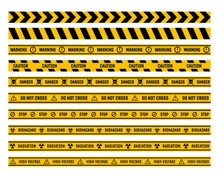 Set of prohibition and warning tapes vector flat illustration. Danger, stop, and caution ribbons.のイラスト素材