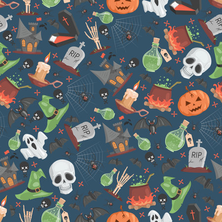 Halloween seamless pattern. Trick or treat Halloween party vector flat cartoon backdrop.のイラスト素材
