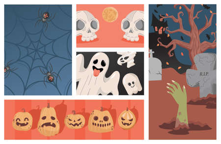 Set of Halloween party illustrations. Ugly scary pumpkin heads, ghosts, human skulls vector flat cartoon illustration.のイラスト素材