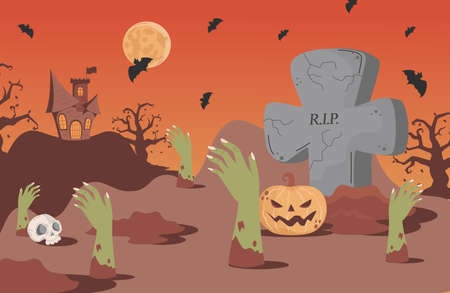 Halloween banner background with gravestones, bats, scary castle, and skeleton hand vector flat cartoon illustration.のイラスト素材