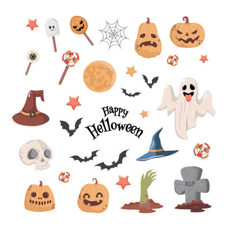 Halloween party vector flat cartoon illustration. Ghost, witch hat, bats, skull, zombie hand, and pumpkin headsのイラスト素材