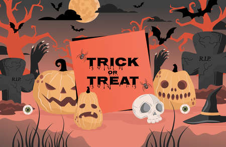 Trick or treat Halloween party poster design. Gravestones, witch hats, bats, and skull vector flat cartoon illustration.のイラスト素材