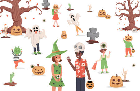 Children wearing monster costumes walking in the city vector flat illustration. Trick or treat Halloween party.のイラスト素材