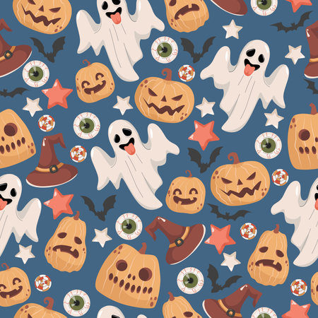 Halloween seamless pattern. Scary ghosts, witch hats, stars, bats, candies, human eyes, and pumpkins.のイラスト素材
