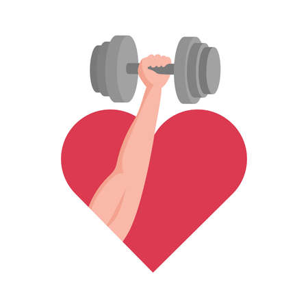 Hand with muscles holding dumbbell on the background of red heart vector flat illustration.のイラスト素材