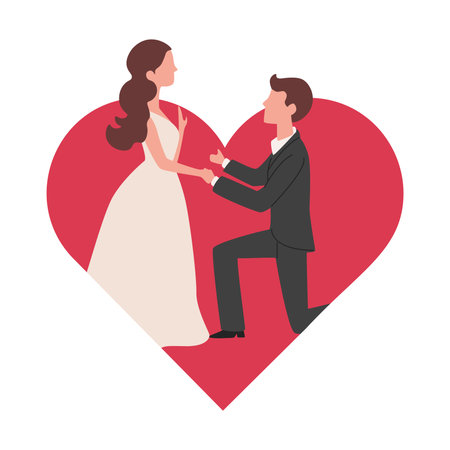 Man makes marriage proposal to his girlfriend vector flat illustration on the background of big red heart.のイラスト素材