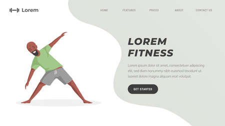 Fitness studio or online workout training landing page template. Man stretching and doing sport exercises.のイラスト素材