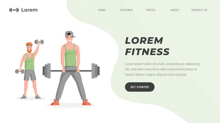 Online workout training or fitness studio website template with text space. Men lifting dumbbells and barbells.のイラスト素材