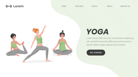 Yoga studio or online pilates landing page template with text space. Women stretching vector flat illustration.のイラスト素材